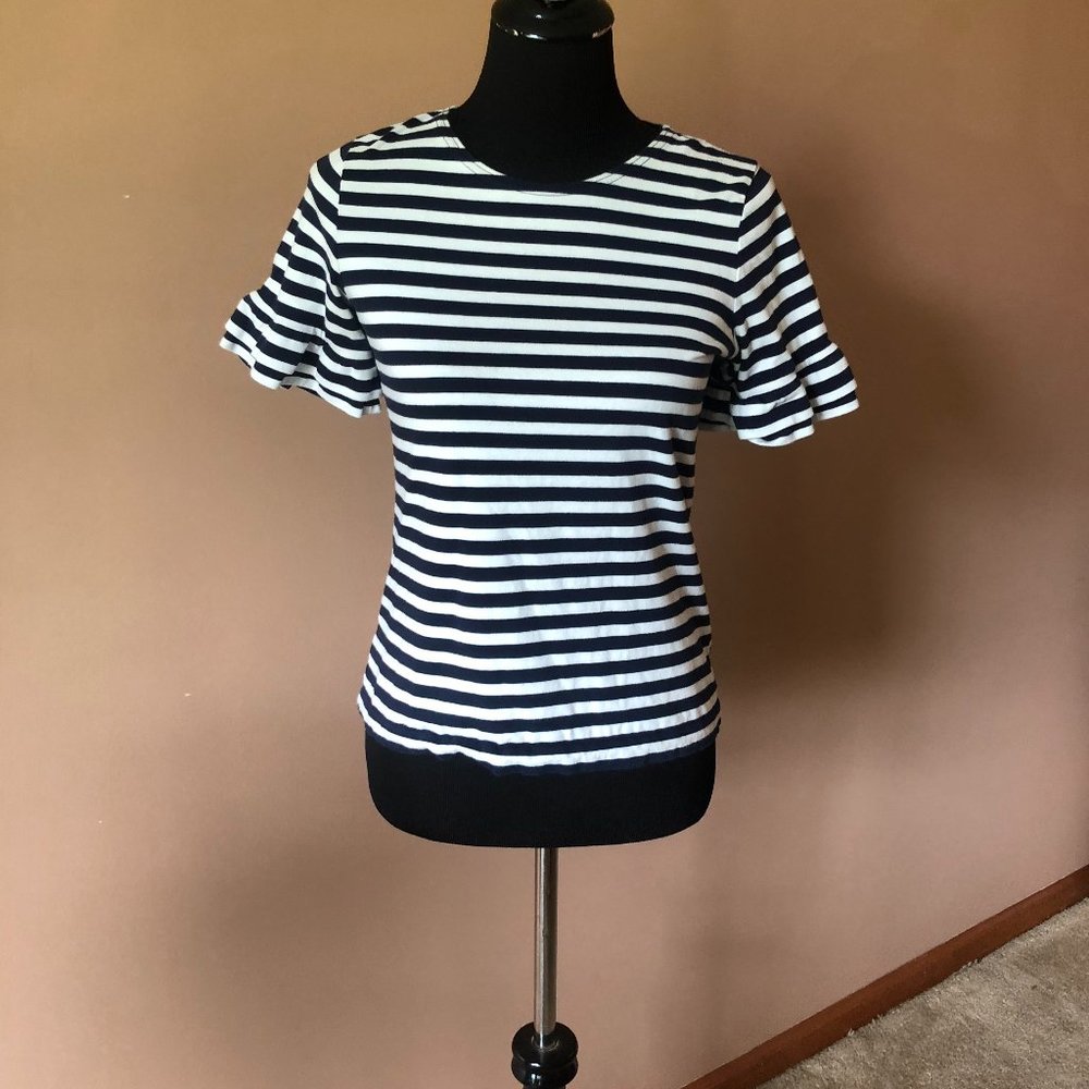 J. Crew Ruffle Bell Sleeve Navy and White Striped Tee - Picture 1 of 5